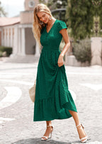 PRETTYGARDEN Womens Dresses Summer Maxi Dress Boho Short Sleeve V Neck Swiss Dot Ruffle Tiered Smocked Flowy Long Dress