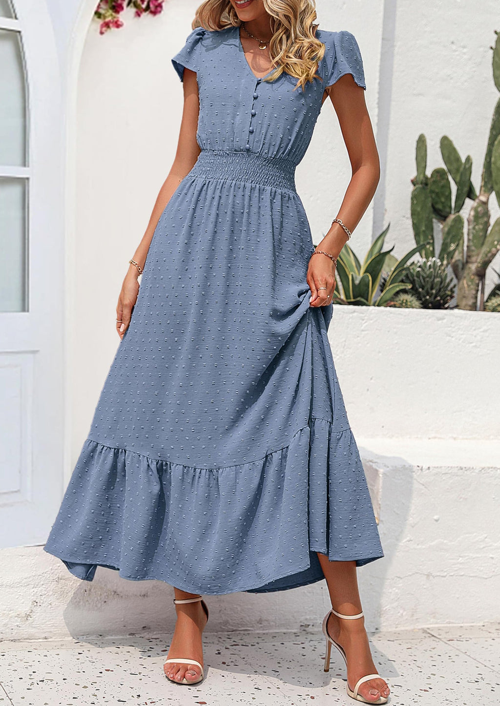 PRETTYGARDEN Womens Dresses Summer Maxi Dress Boho Short Sleeve V Neck Swiss Dot Ruffle Tiered Smocked Flowy Long Dress