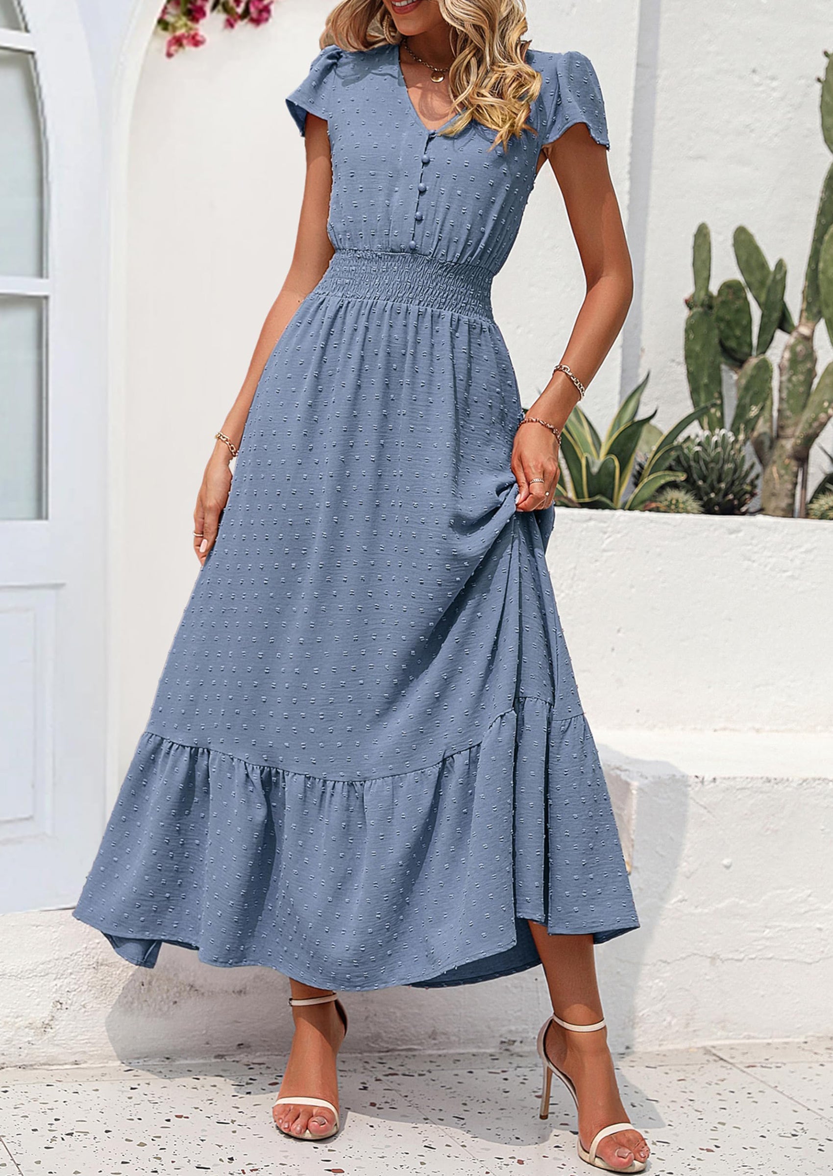 PRETTYGARDEN Womens Dresses Summer Maxi Dress Boho Short Sleeve V Neck Swiss Dot Ruffle Tiered Smocked Flowy Long Dress