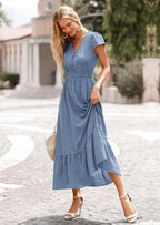 PRETTYGARDEN Womens Dresses Summer Maxi Dress Boho Short Sleeve V Neck Swiss Dot Ruffle Tiered Smocked Flowy Long Dress