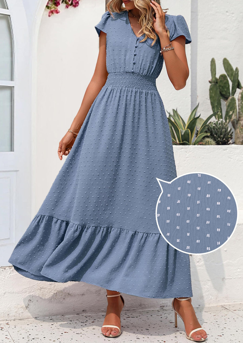 PRETTYGARDEN Womens Dresses Summer Maxi Dress Boho Short Sleeve V Neck Swiss Dot Ruffle Tiered Smocked Flowy Long Dress