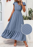 PRETTYGARDEN Womens Dresses Summer Maxi Dress Boho Short Sleeve V Neck Swiss Dot Ruffle Tiered Smocked Flowy Long Dress
