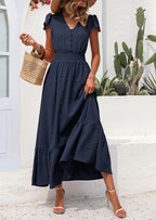 PRETTYGARDEN Womens Dresses Summer Maxi Dress Boho Short Sleeve V Neck Swiss Dot Ruffle Tiered Smocked Flowy Long Dress