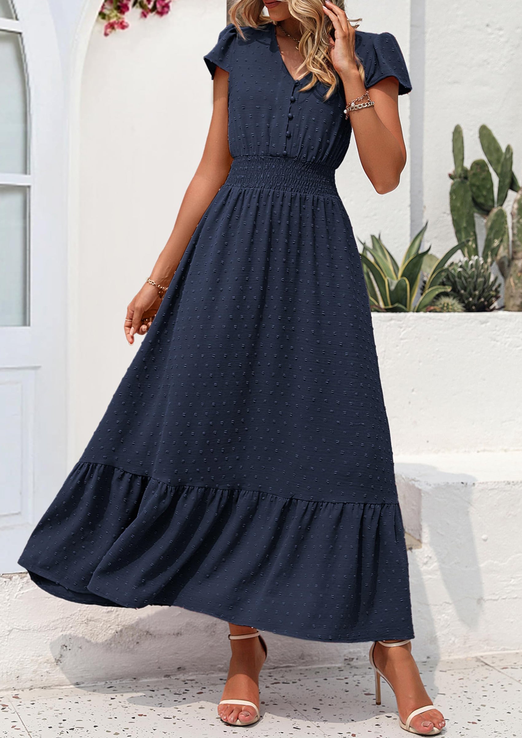 PRETTYGARDEN Womens Dresses Summer Maxi Dress Boho Short Sleeve V Neck Swiss Dot Ruffle Tiered Smocked Flowy Long Dress