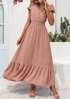 PRETTYGARDEN Womens Dresses Summer Maxi Dress Boho Short Sleeve V Neck Swiss Dot Ruffle Tiered Smocked Flowy Long Dress