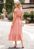 PRETTYGARDEN Womens Dresses Summer Maxi Dress Boho Short Sleeve V Neck Swiss Dot Ruffle Tiered Smocked Flowy Long Dress