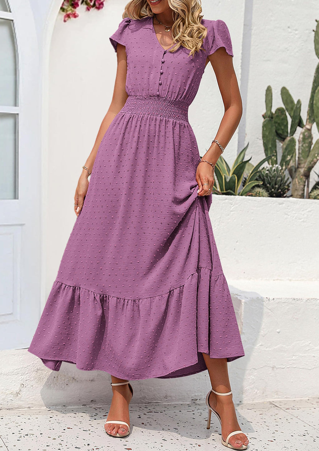PRETTYGARDEN Womens Dresses Summer Maxi Dress Boho Short Sleeve V Neck Swiss Dot Ruffle Tiered Smocked Flowy Long Dress