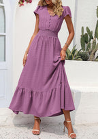 PRETTYGARDEN Womens Dresses Summer Maxi Dress Boho Short Sleeve V Neck Swiss Dot Ruffle Tiered Smocked Flowy Long Dress