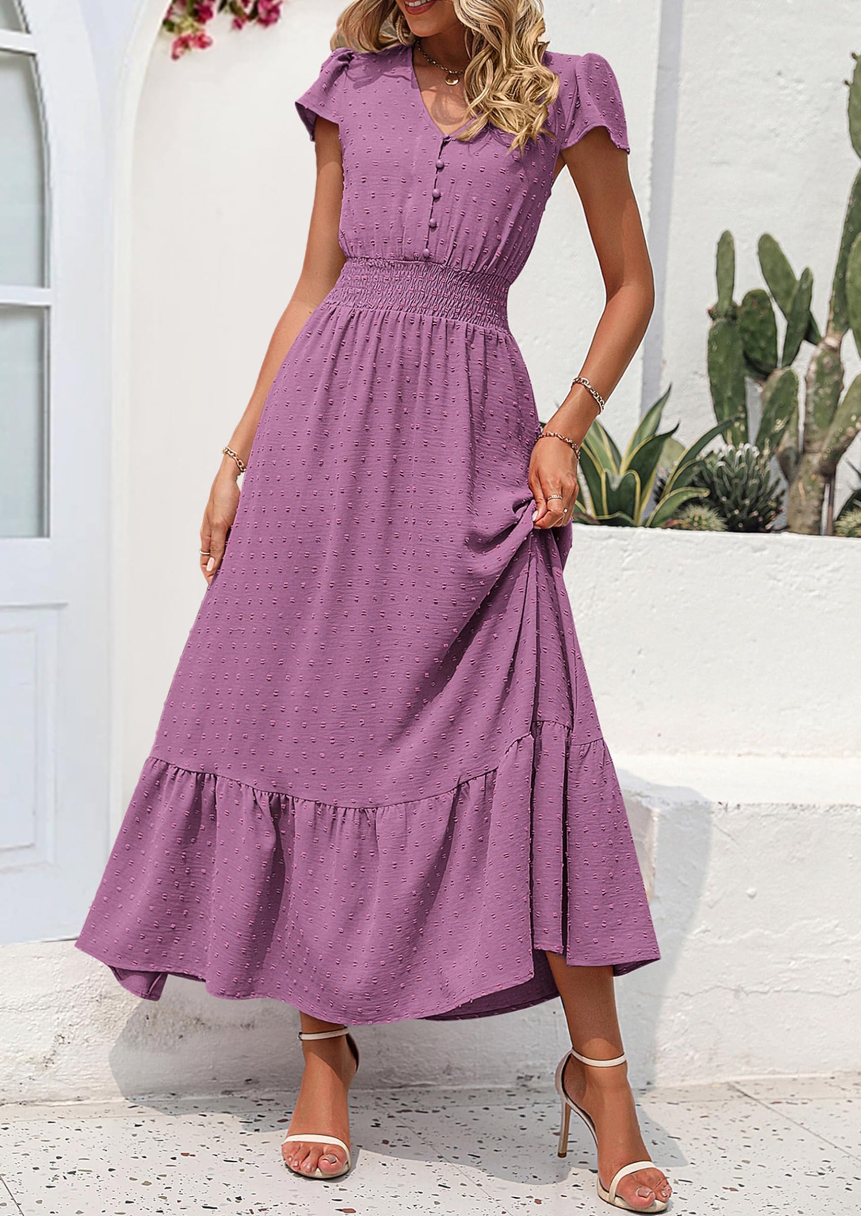 PRETTYGARDEN Womens Dresses Summer Maxi Dress Boho Short Sleeve V Neck Swiss Dot Ruffle Tiered Smocked Flowy Long Dress