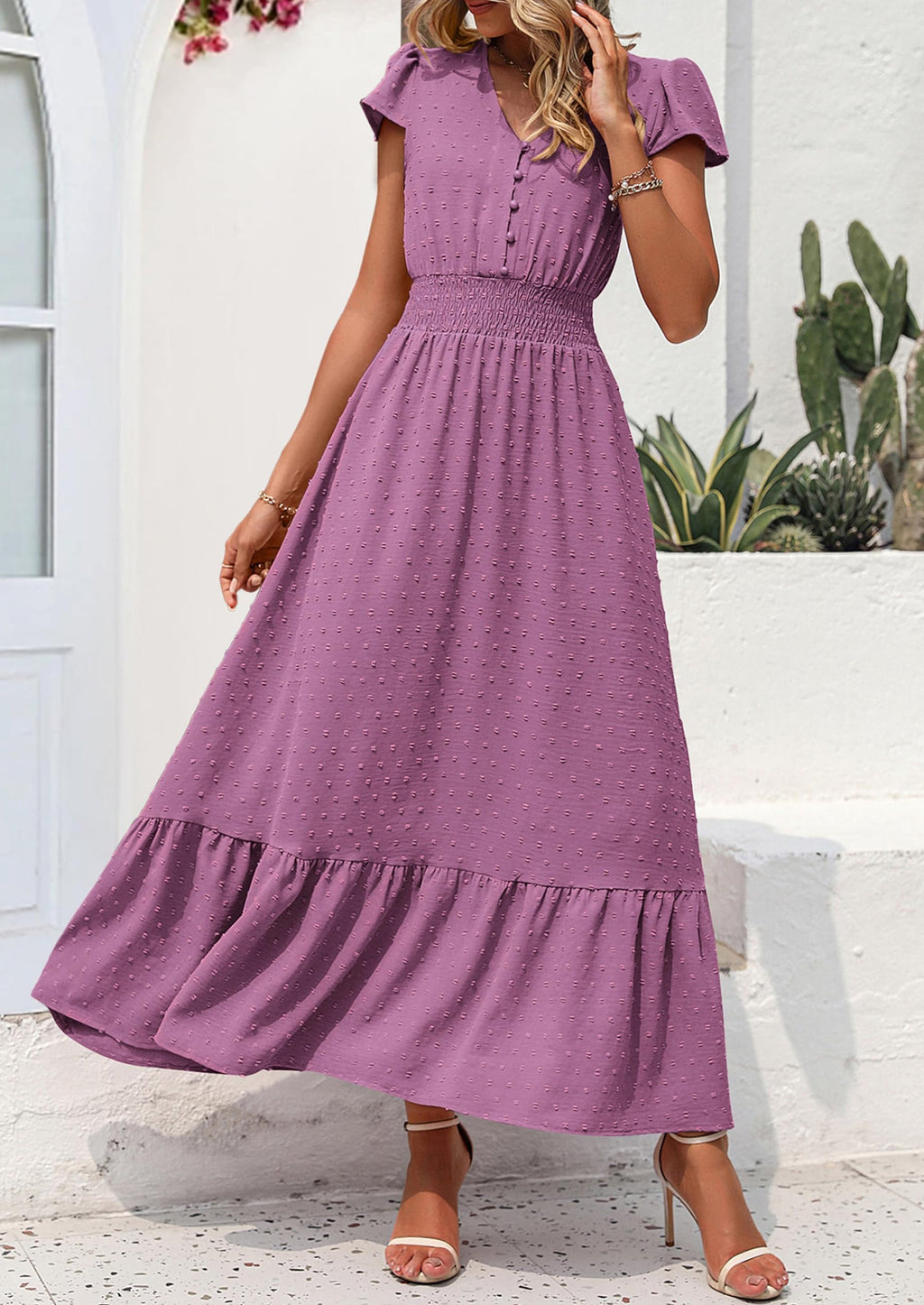 PRETTYGARDEN Womens Dresses Summer Maxi Dress Boho Short Sleeve V Neck Swiss Dot Ruffle Tiered Smocked Flowy Long Dress