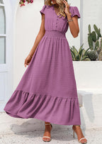 PRETTYGARDEN Womens Dresses Summer Maxi Dress Boho Short Sleeve V Neck Swiss Dot Ruffle Tiered Smocked Flowy Long Dress