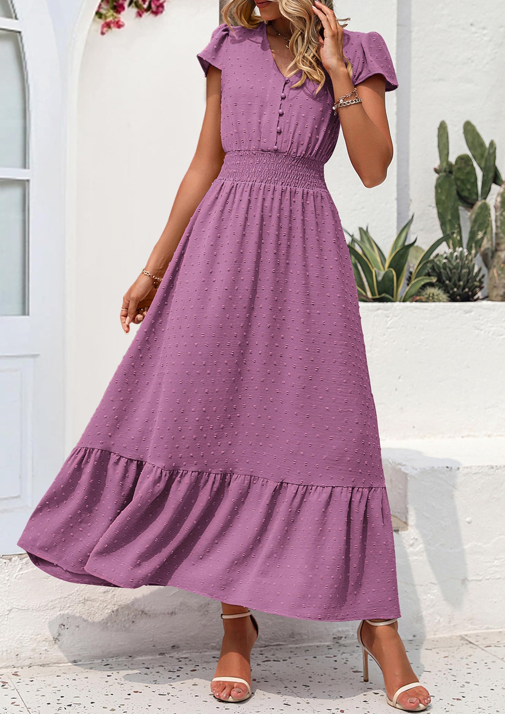 PRETTYGARDEN Womens Dresses Summer Maxi Dress Boho Short Sleeve V Neck Swiss Dot Ruffle Tiered Smocked Flowy Long Dress