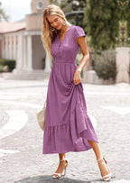 PRETTYGARDEN Womens Dresses Summer Maxi Dress Boho Short Sleeve V Neck Swiss Dot Ruffle Tiered Smocked Flowy Long Dress