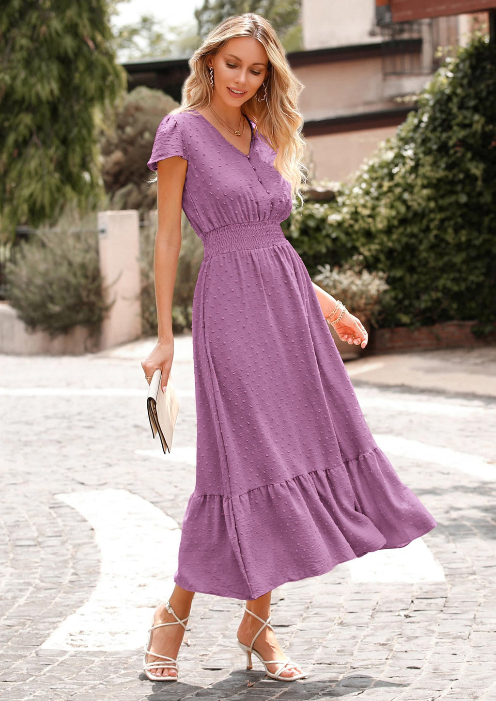 PRETTYGARDEN Womens Dresses Summer Maxi Dress Boho Short Sleeve V Neck Swiss Dot Ruffle Tiered Smocked Flowy Long Dress