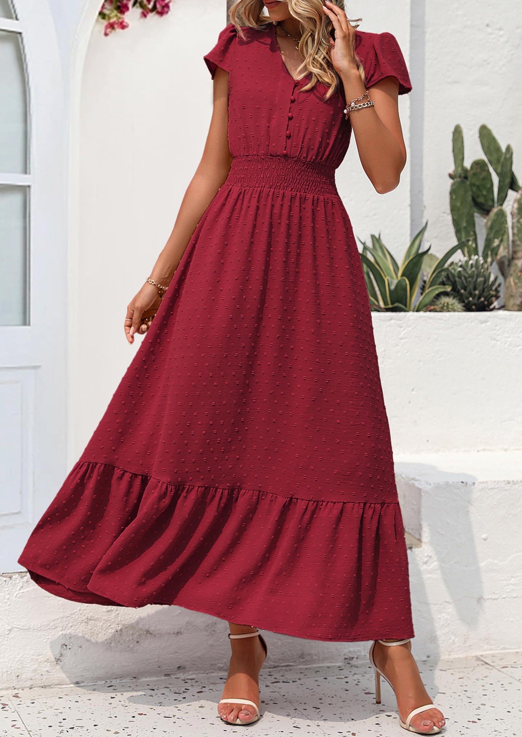 PRETTYGARDEN Womens Dresses Summer Maxi Dress Boho Short Sleeve V Neck Swiss Dot Ruffle Tiered Smocked Flowy Long Dress