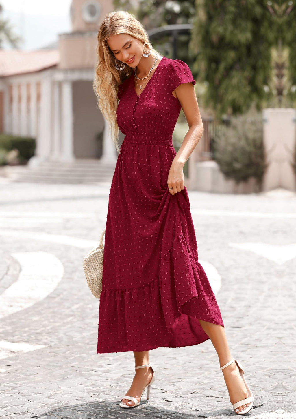 PRETTYGARDEN Womens Dresses Summer Maxi Dress Boho Short Sleeve V Neck Swiss Dot Ruffle Tiered Smocked Flowy Long Dress