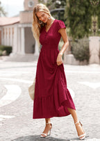PRETTYGARDEN Womens Dresses Summer Maxi Dress Boho Short Sleeve V Neck Swiss Dot Ruffle Tiered Smocked Flowy Long Dress