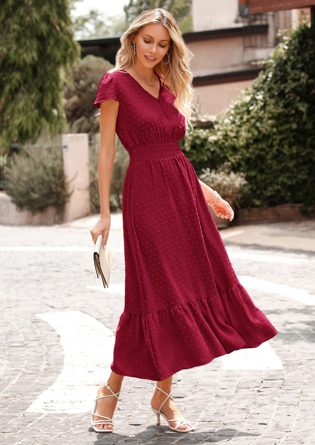 PRETTYGARDEN Womens Dresses Summer Maxi Dress Boho Short Sleeve V Neck Swiss Dot Ruffle Tiered Smocked Flowy Long Dress