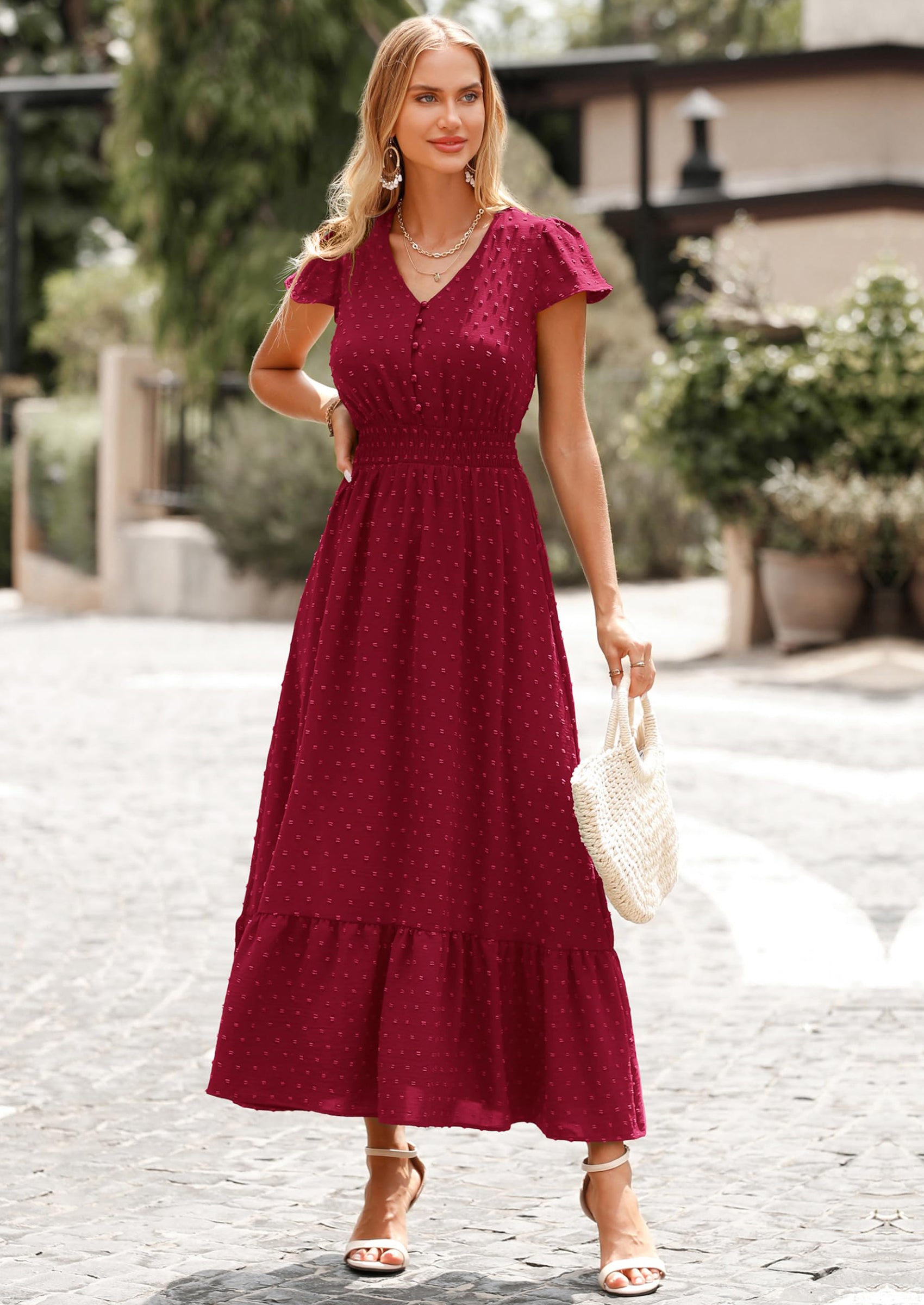 PRETTYGARDEN Womens Dresses Summer Maxi Dress Boho Short Sleeve V Neck Swiss Dot Ruffle Tiered Smocked Flowy Long Dress