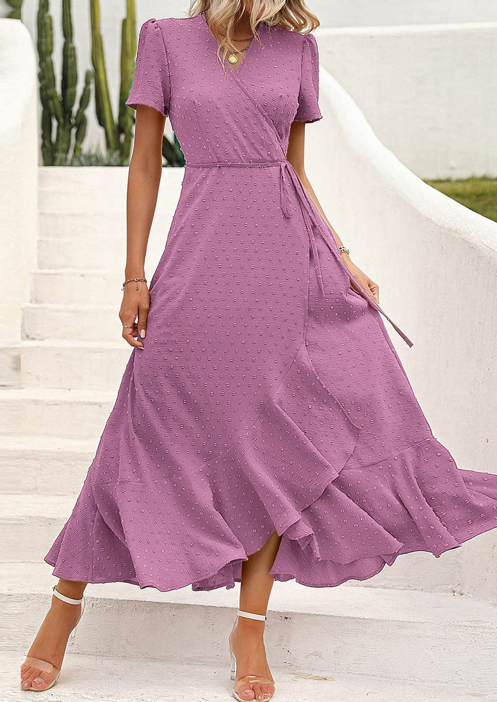 PRETTYGARDEN Women's Summer Maxi Dress Casual Wrap Floral Boho Short Sleeve V Neck Split Ruffle Beach Long Dresses