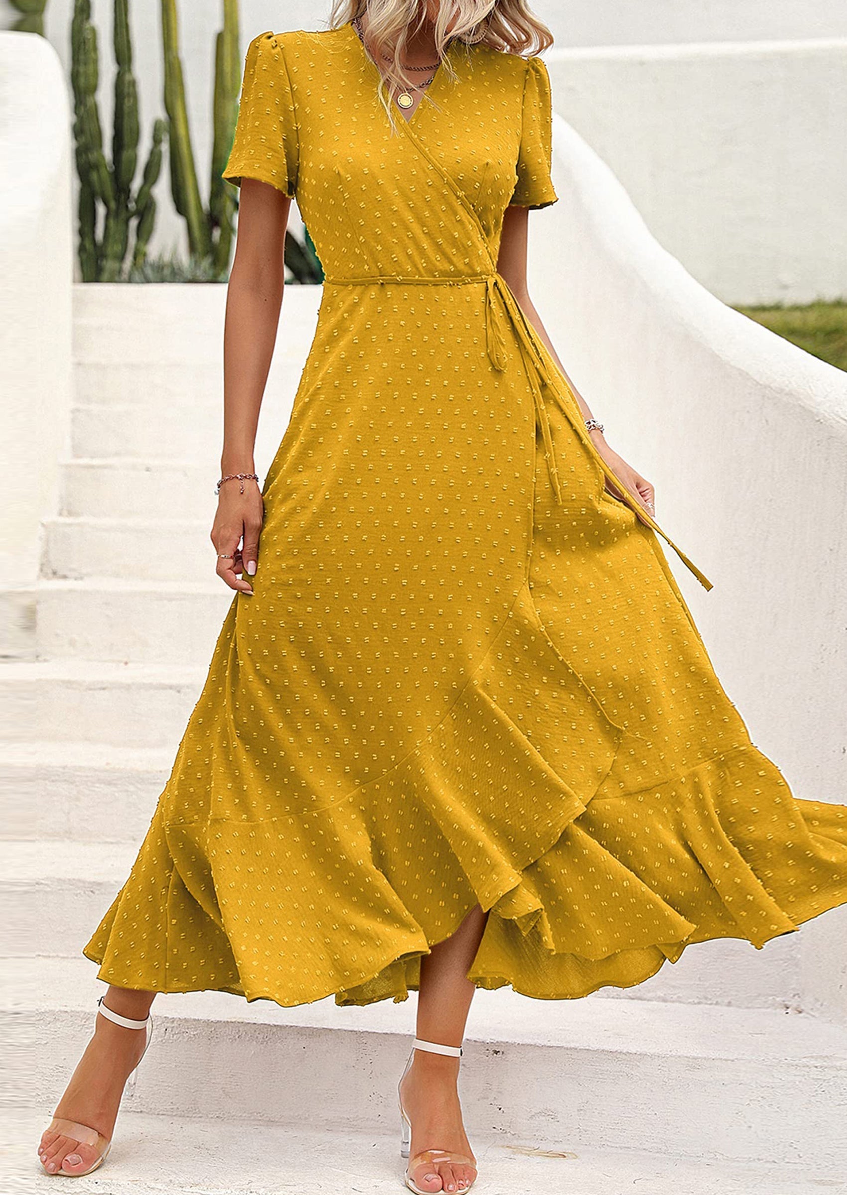 PRETTYGARDEN Women's Summer Maxi Dress Casual Wrap Floral Boho Short Sleeve V Neck Split Ruffle Beach Long Dresses