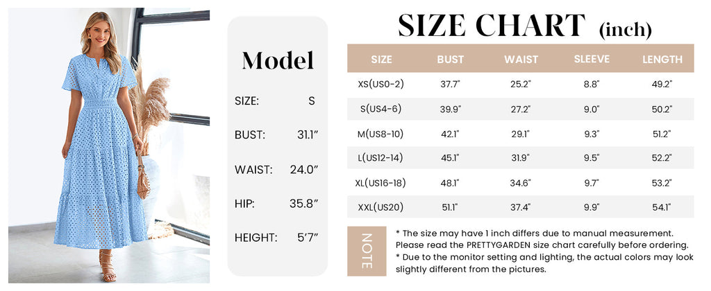 PRETTYGARDEN Womens Maxi Dress Short Sleeve V Neck Hollow Out Eyelet A Line Long Flowy Beach Vacation Dresses