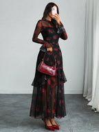 Women's Gothic Elegant Sexy Mesh Splicing Colorful Print Retro Petal Sleeves Ruffle Mermaid Hem Double Layer Dress