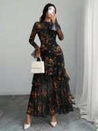Women's Gothic Elegant Sexy Mesh Splicing Colorful Print Retro Petal Sleeves Ruffle Mermaid Hem Double Layer Dress