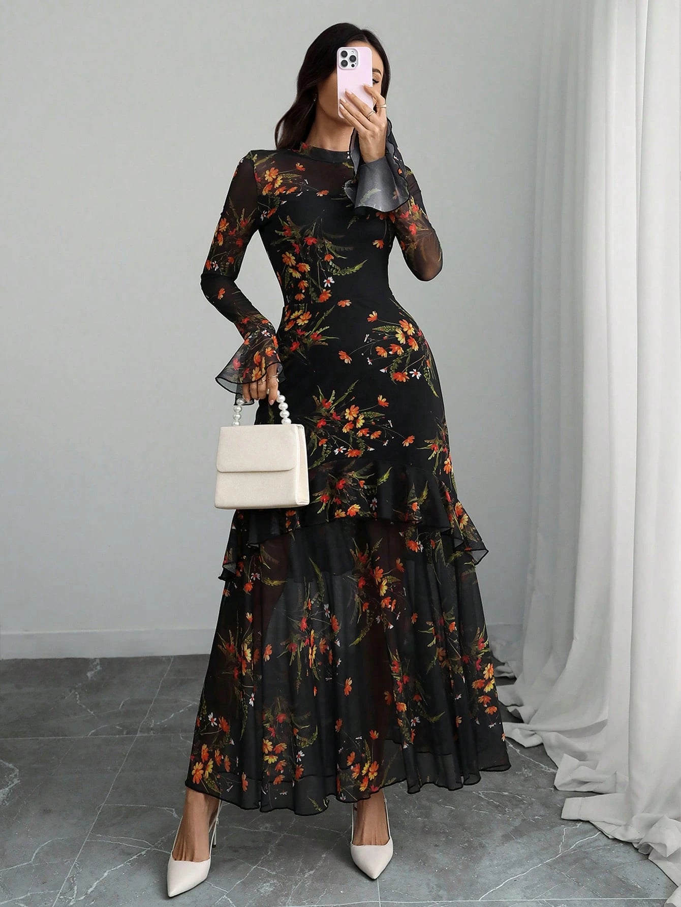 Women's Gothic Elegant Sexy Mesh Splicing Colorful Print Retro Petal Sleeves Ruffle Mermaid Hem Double Layer Dress