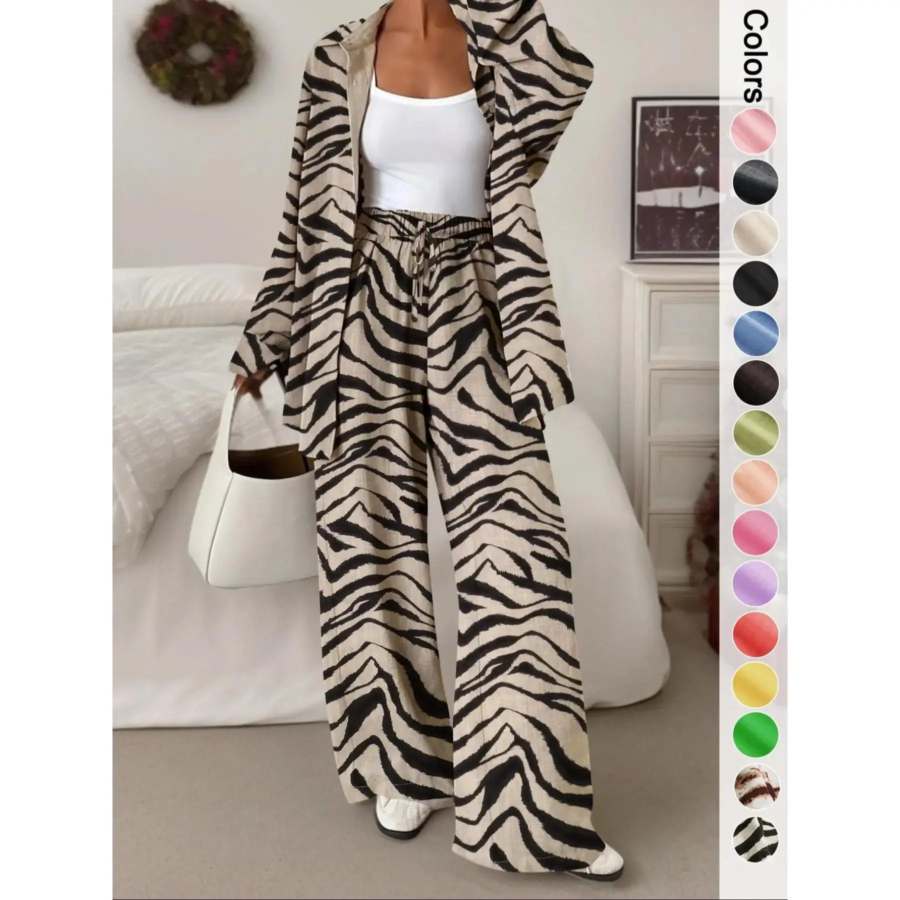 Women's Casual Sporty Shirt and Long Pants Set, Loose Button-Up Top and Wide-Leg Pants Two-Piece Set, Comfortable and Stylish