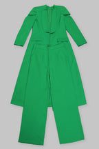 Turndown Collar Solid Color Long Blazer High Waist Pants 2pcs Set-Green