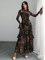 Women's Gothic Elegant Sexy Mesh Splicing Colorful Print Retro Petal Sleeves Ruffle Mermaid Hem Double Layer Dress
