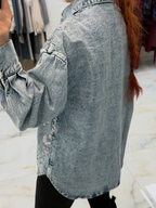 Women Vintage Washed Blue Denim Sequined Embroidered Jacket
