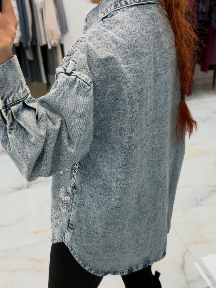 Women Vintage Washed Blue Denim Sequined Embroidered Jacket
