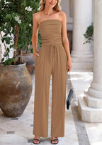 PRETTYGARDEN 2 Piece Sets Casual Ribbed Knit Crop Tube Top Wide Leg Pants Lounge Set
