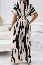 Abstract Print V Neck Short Sleeve High Waist Wide Leg Jumpsuit-Black