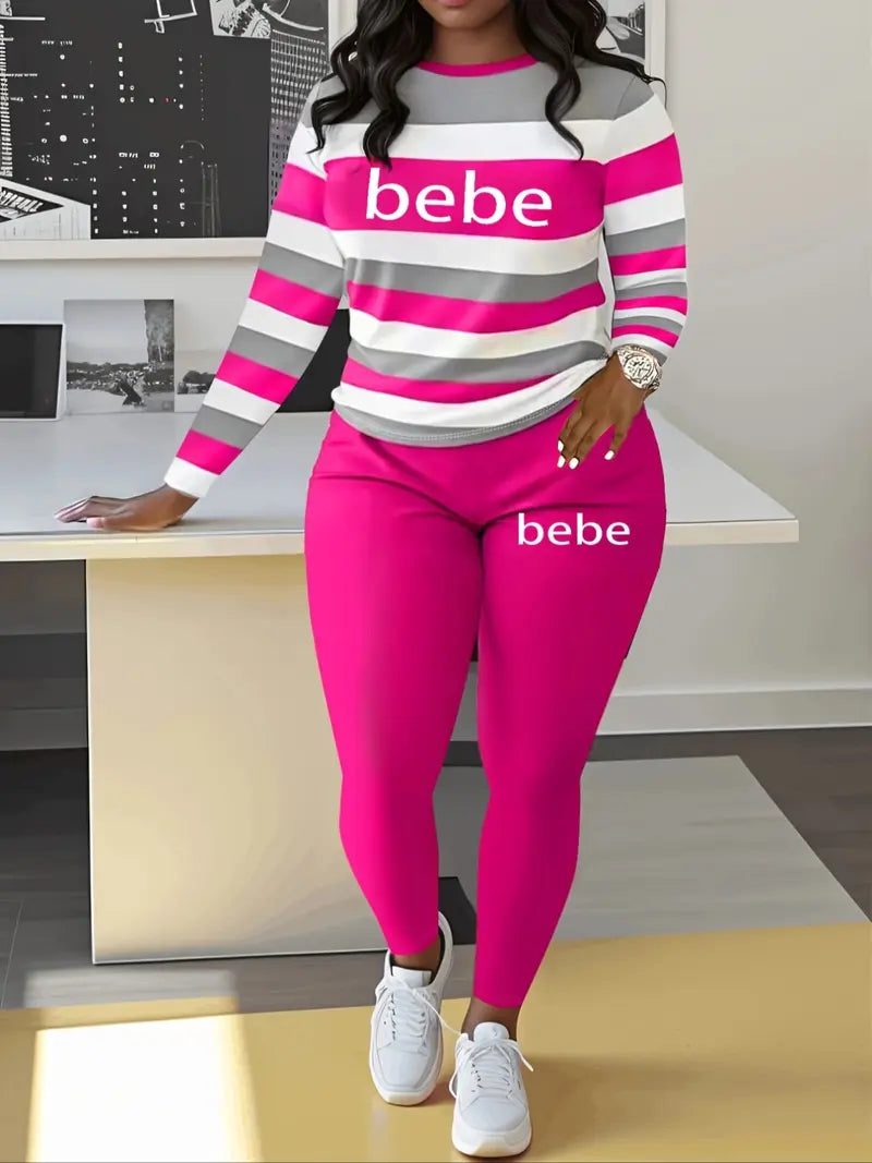 Women's Striped 'Bebe' Letter Print Round Neck Long Sleeve Top and Pants Set