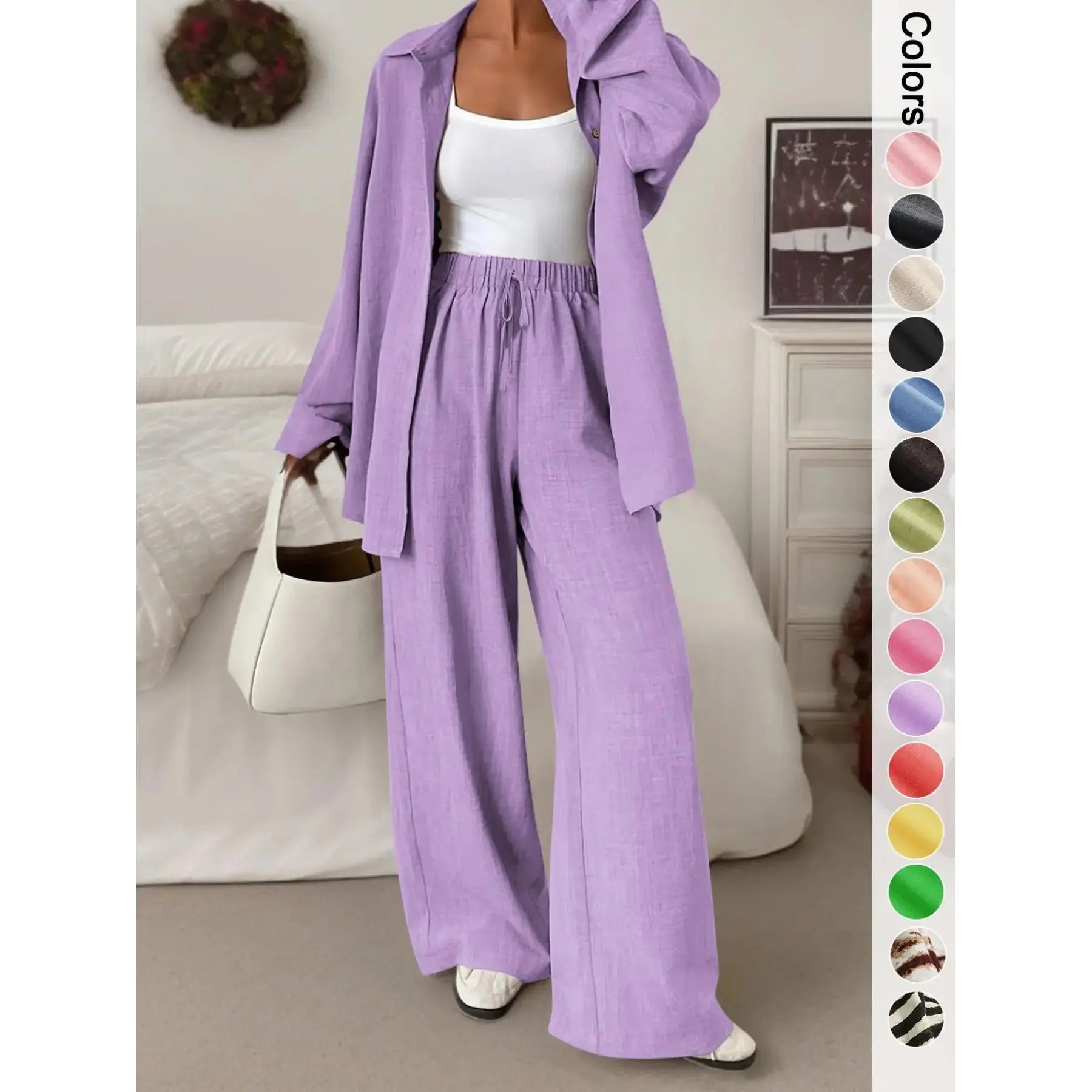 Women's Casual Sporty Shirt and Long Pants Set, Loose Button-Up Top and Wide-Leg Pants Two-Piece Set, Comfortable and Stylish