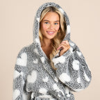 OHS Heart Print Teddy Marl Dressing Gown, Adults - Black