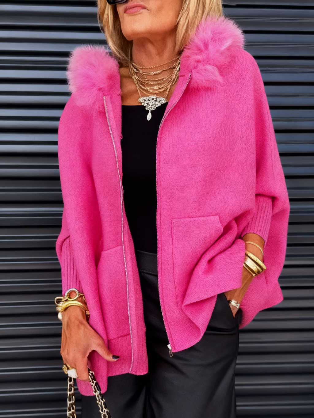 Women Fur Collar Solid Color Casual Jacket
