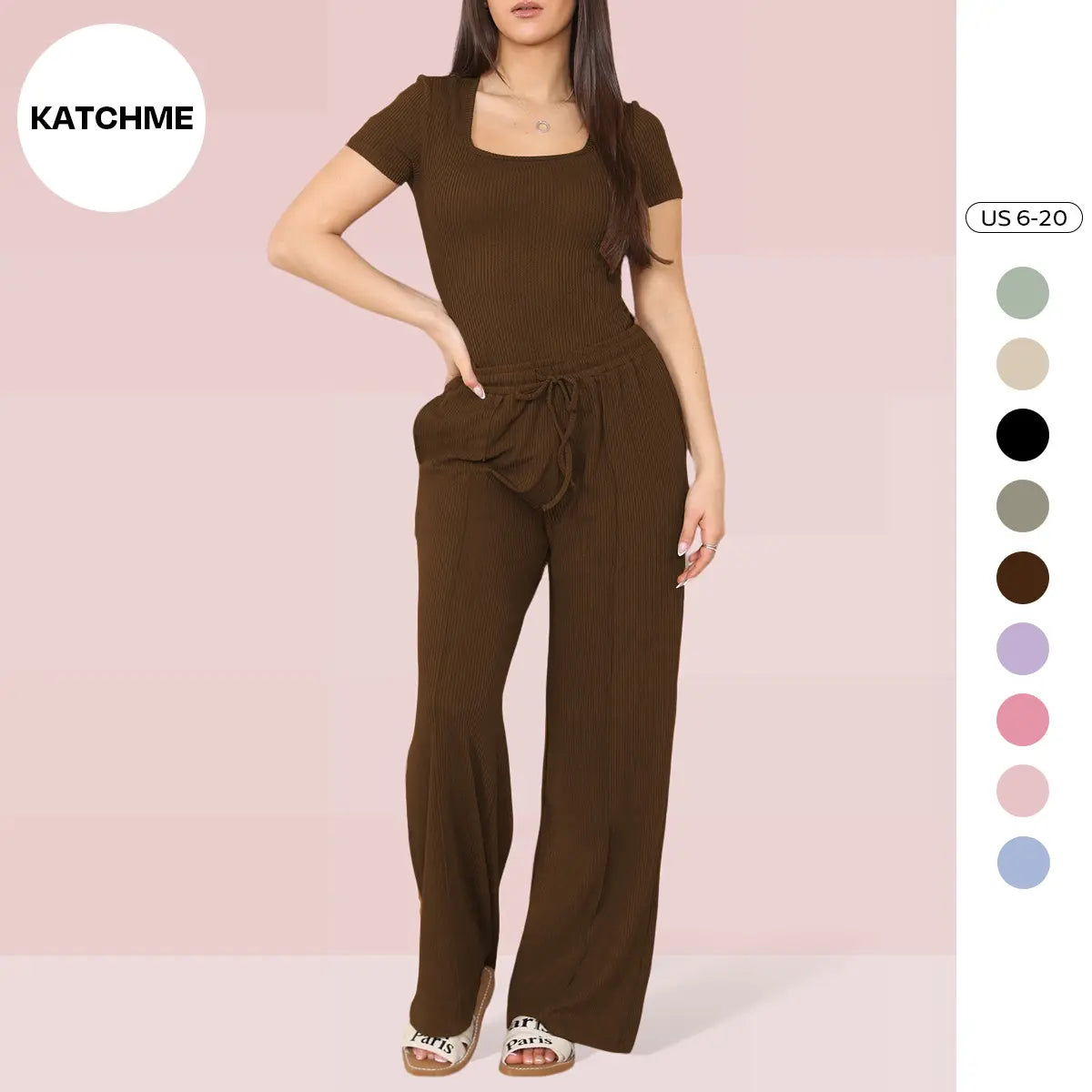 Women's Trendy Square Neck Shaping Bodysuit & High Waist Wide Leg Pockets Trousers Co-ord,Short Sleeve Shapewear,Two-Piece Outfit for Womenswear