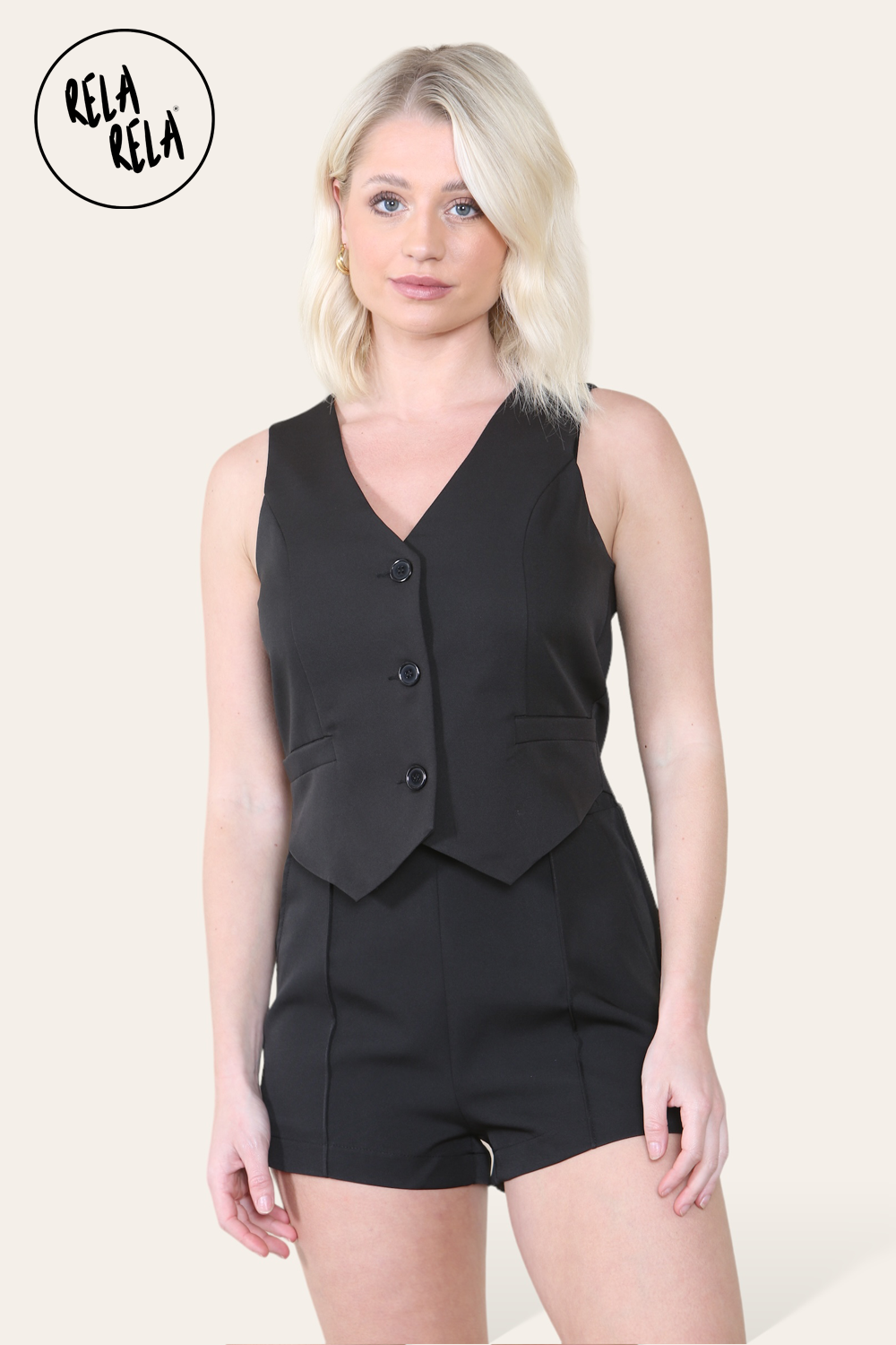 V Neck Button Up Waistcoat & Matching Shorts Co-Ord in Black