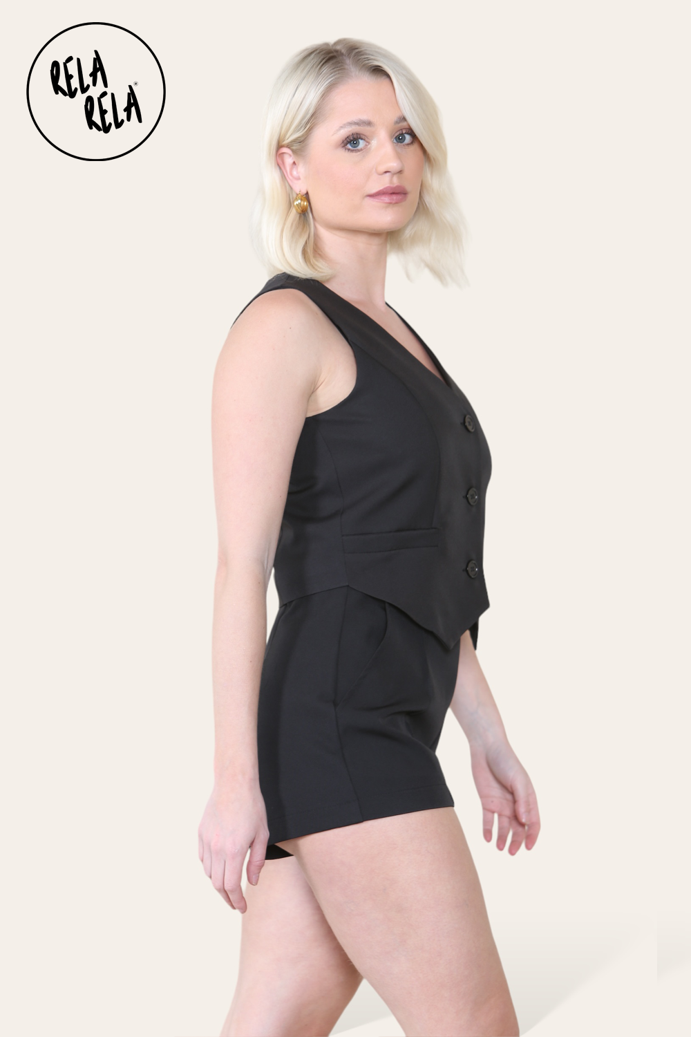 V Neck Button Up Waistcoat & Matching Shorts Co-Ord in Black