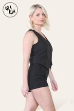 V Neck Button Up Waistcoat & Matching Shorts Co-Ord in Black