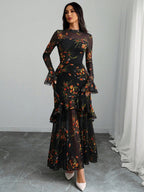 Women's Gothic Elegant Sexy Mesh Splicing Colorful Print Retro Petal Sleeves Ruffle Mermaid Hem Double Layer Dress