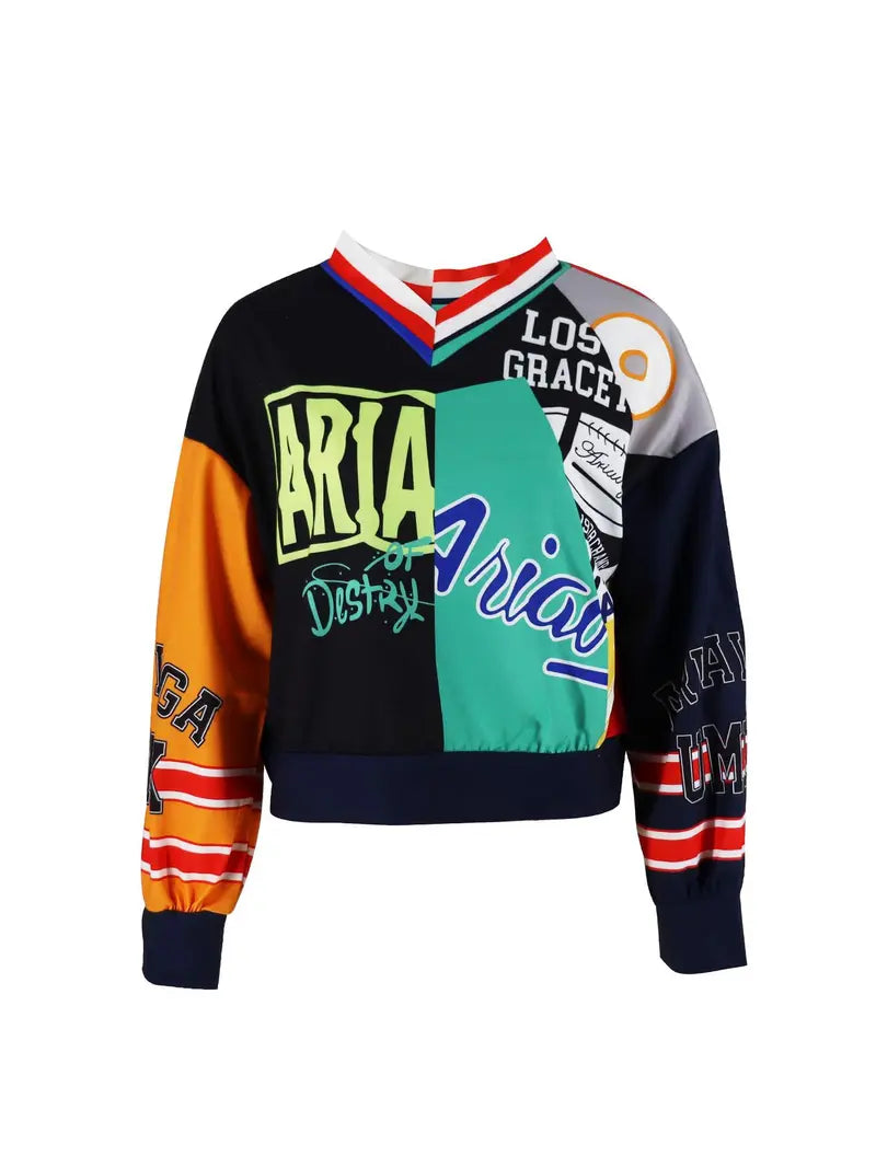 Women's Colorblock Letter Print Drop Shoulder Pullover