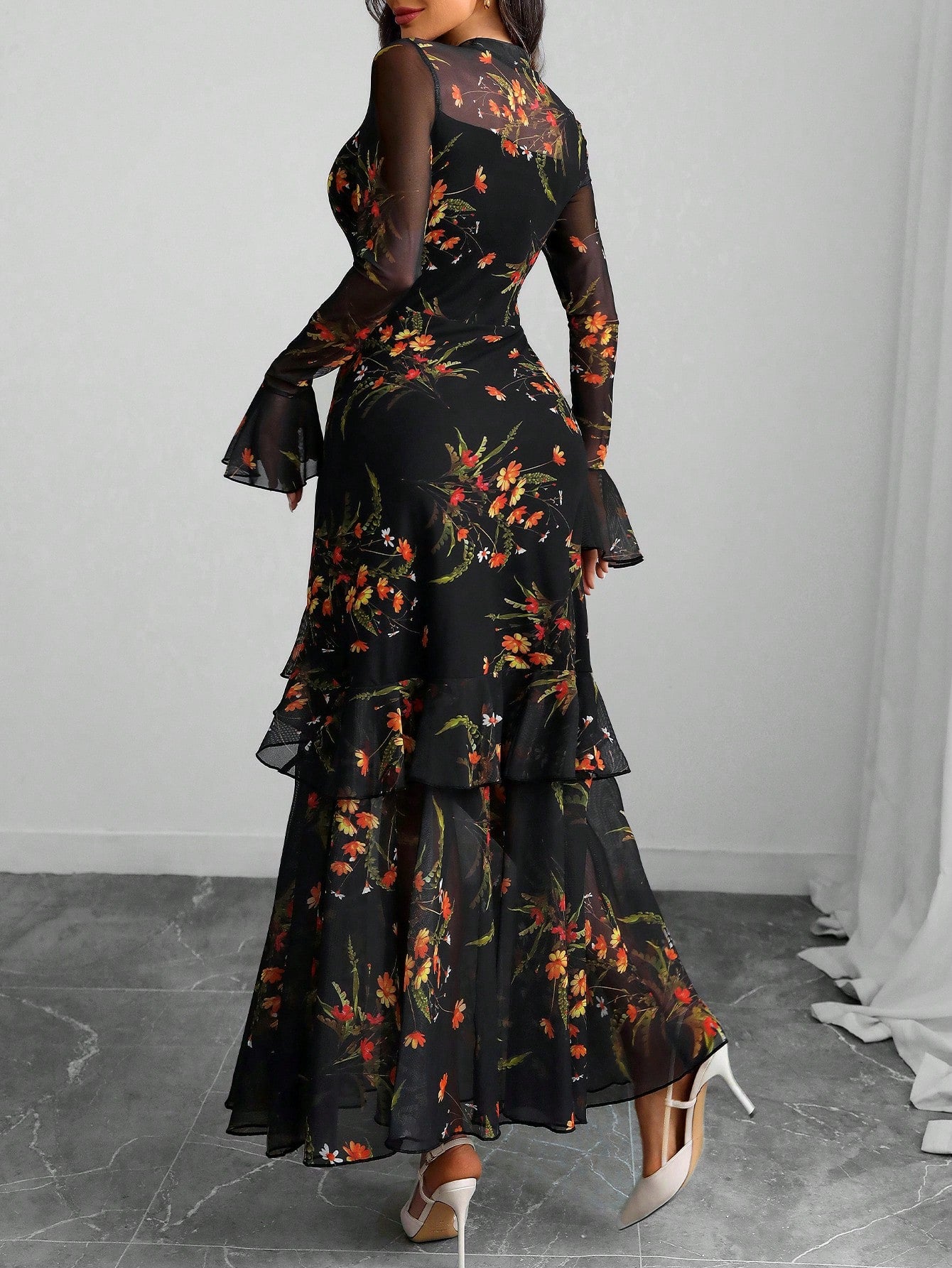 Women's Gothic Elegant Sexy Mesh Splicing Colorful Print Retro Petal Sleeves Ruffle Mermaid Hem Double Layer Dress