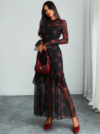 Women's Gothic Elegant Sexy Mesh Splicing Colorful Print Retro Petal Sleeves Ruffle Mermaid Hem Double Layer Dress