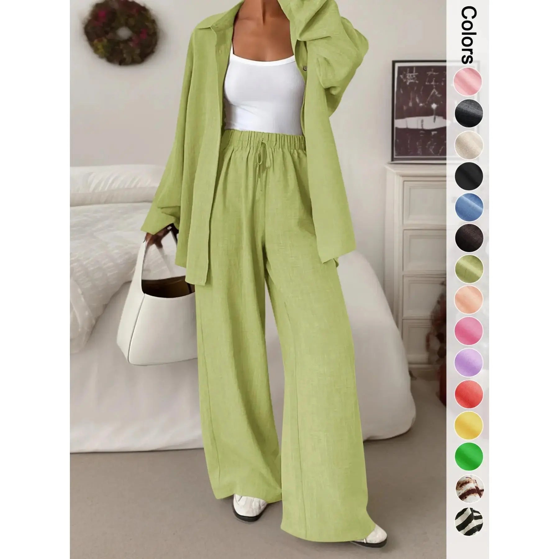 Women's Casual Sporty Shirt and Long Pants Set, Loose Button-Up Top and Wide-Leg Pants Two-Piece Set, Comfortable and Stylish