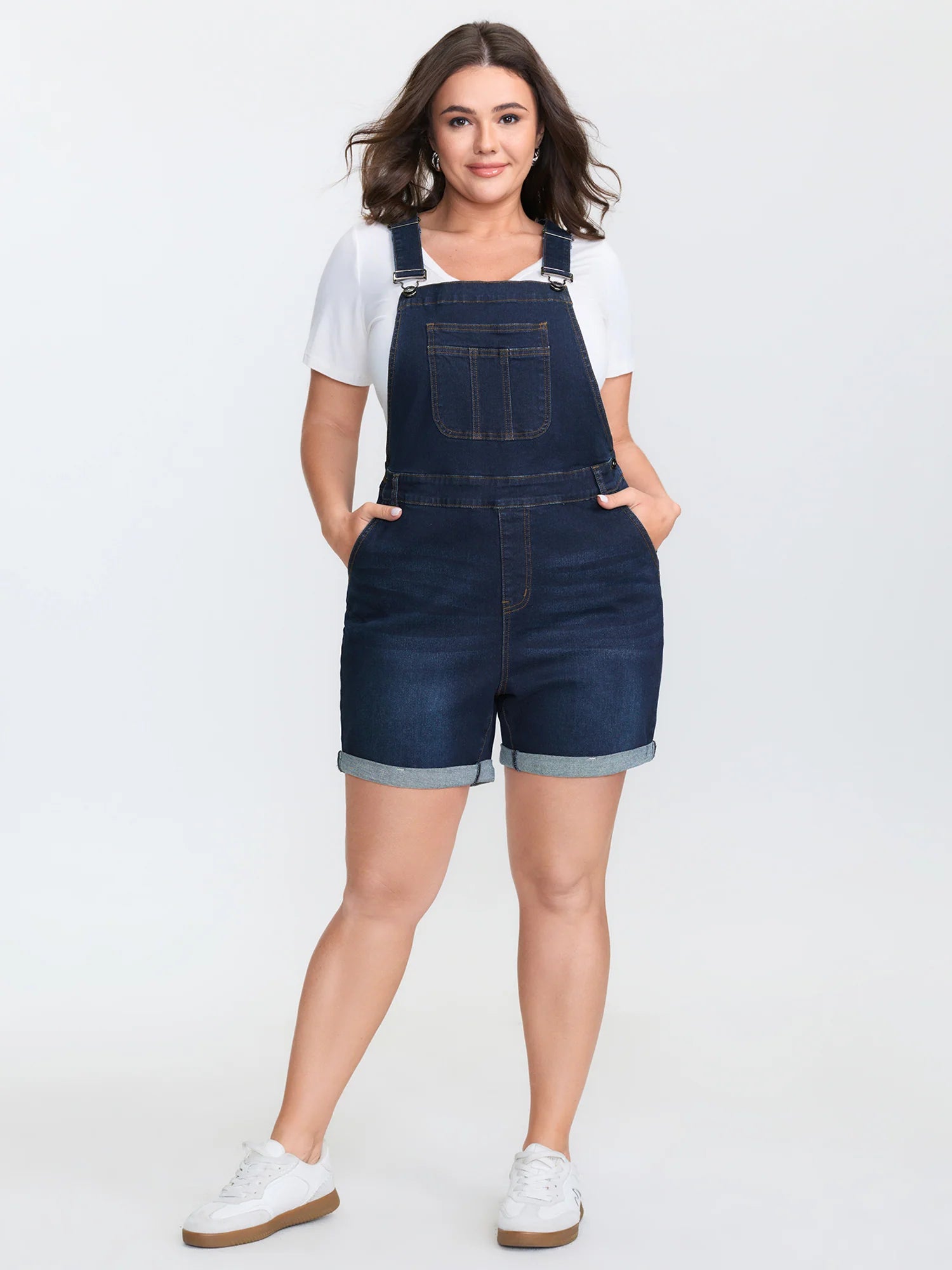Stretchy Straight-Leg Denim Overall Jumpsuit